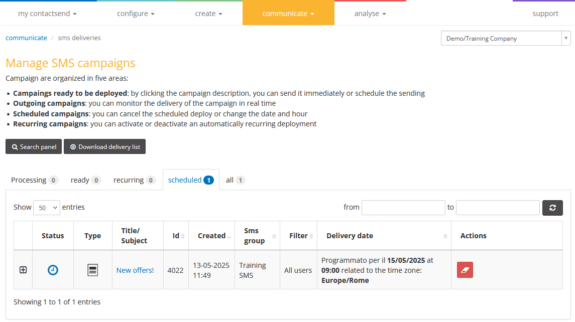 Communicate: scheduled SMS delivery