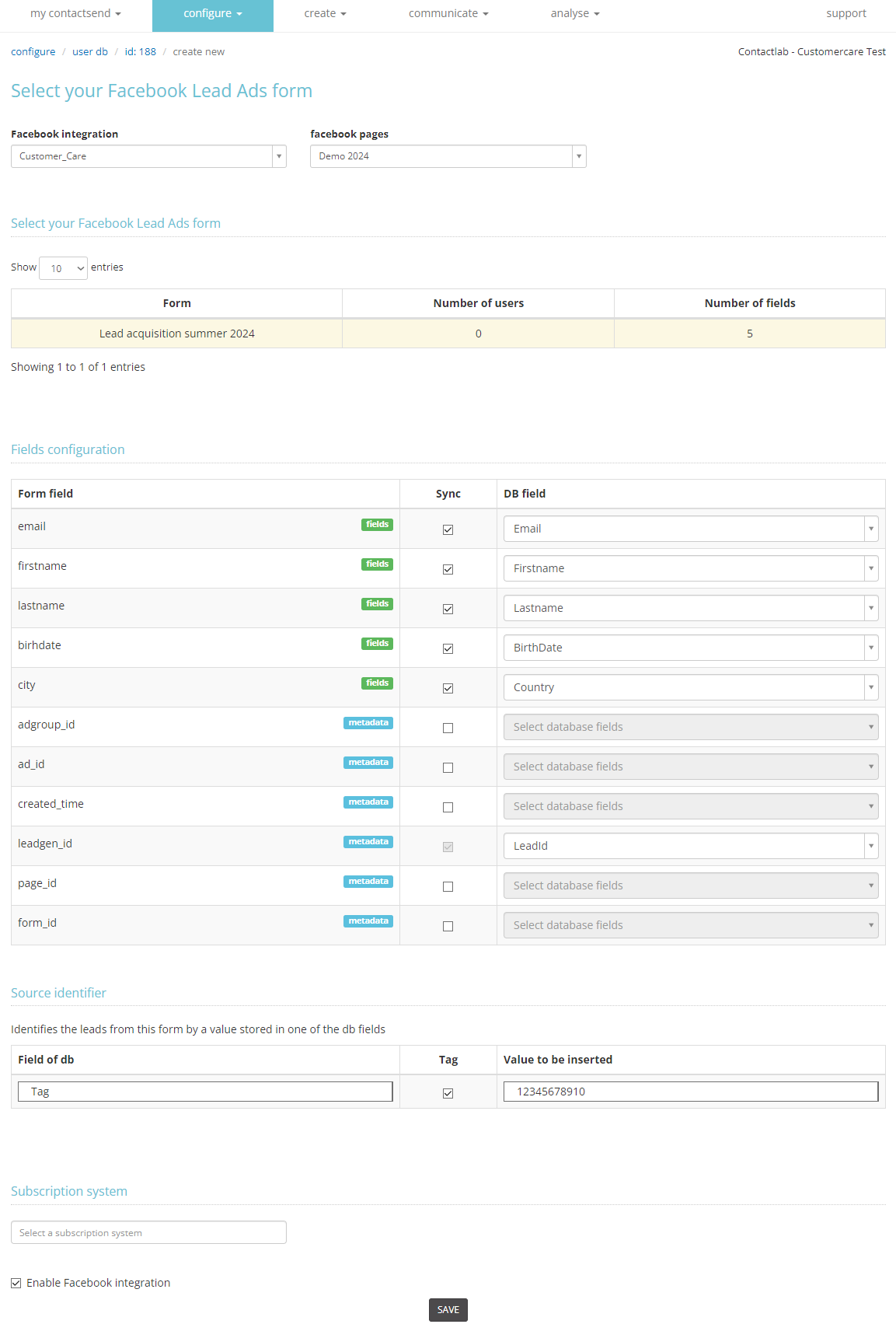 Facebook lead ads: fields configuration