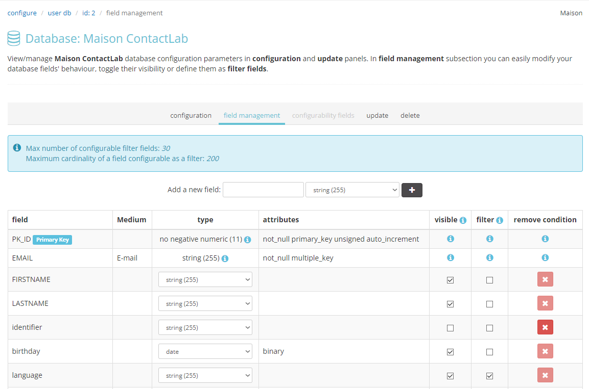 Configure: visible fields