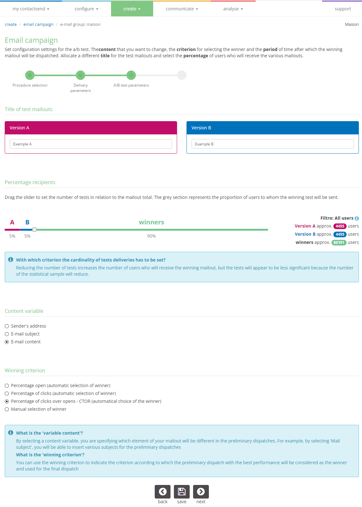 Create new ab test: ab test parameters