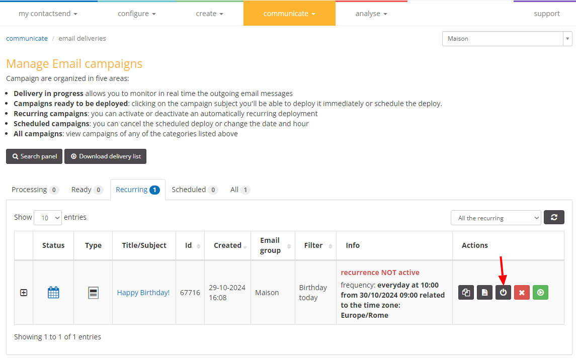 Create new recurring delivery based on a date: ativate