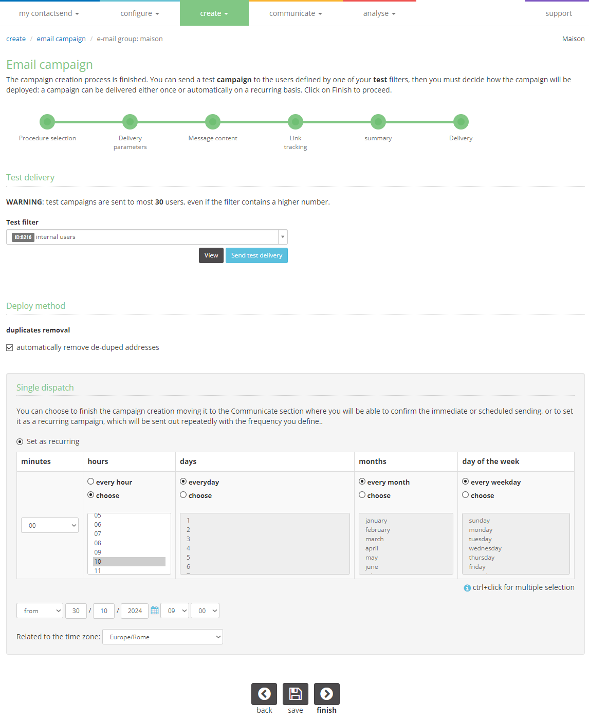 Create new recurring delivery based on a date: set as recurring