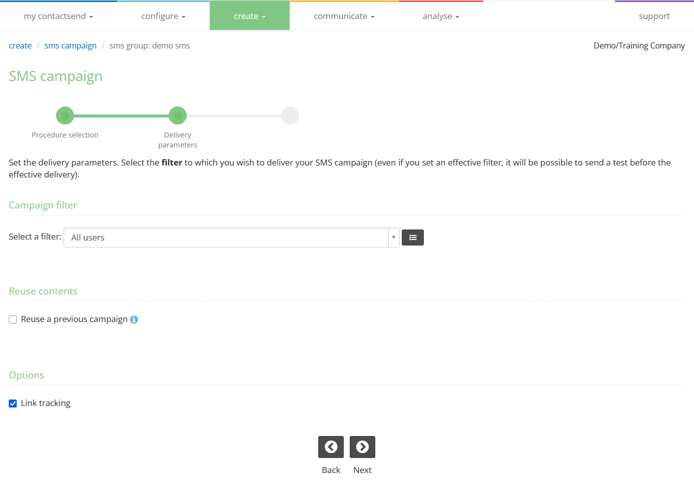 Create sms campaign: set delivery parameters