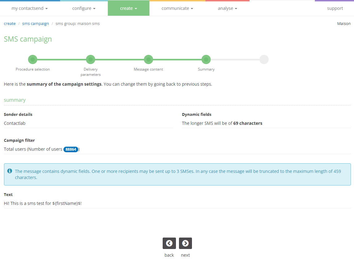 Create sms campaign: sms summary