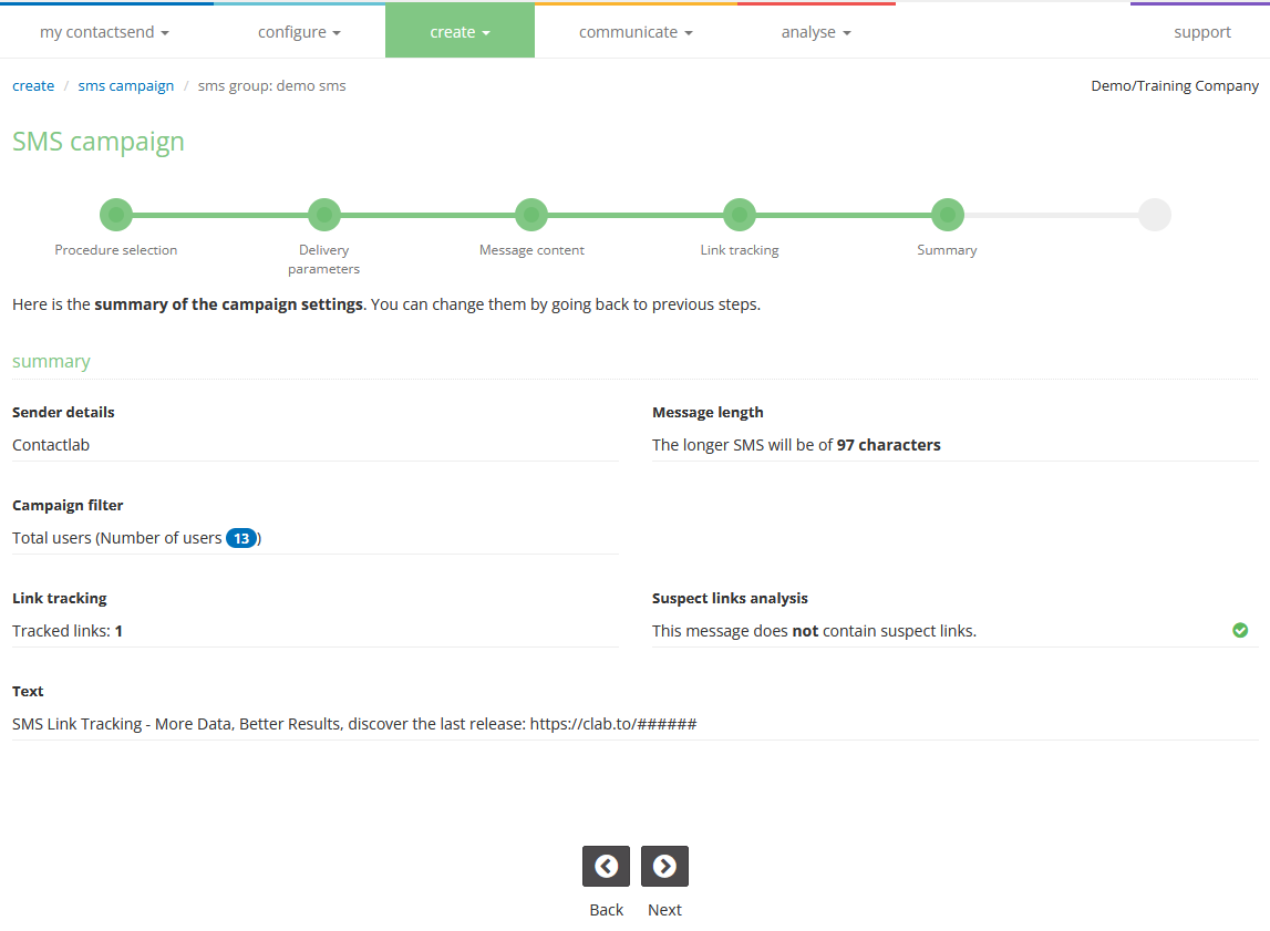 Create sms campaign: sms summary