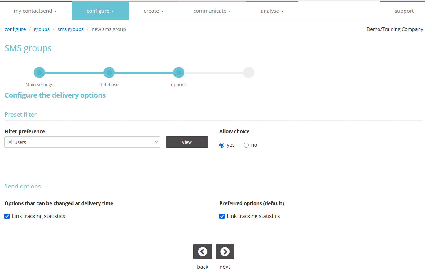 New SMS group: options