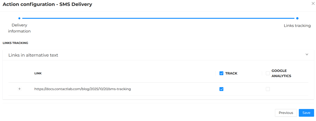 Create SMS delivery: link tracking