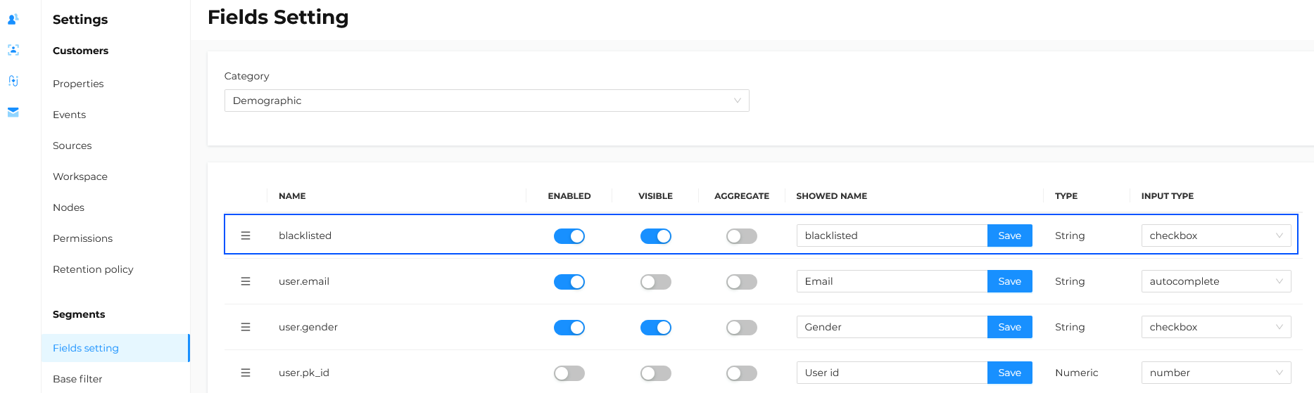 Segments fields setting