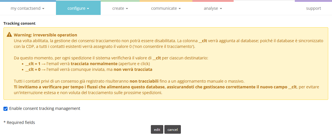 Enabling tracking consent for a database connected to CDP