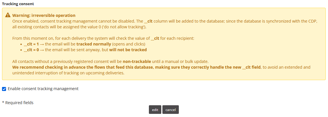 Enabling tracking consent for a database connected to CDP