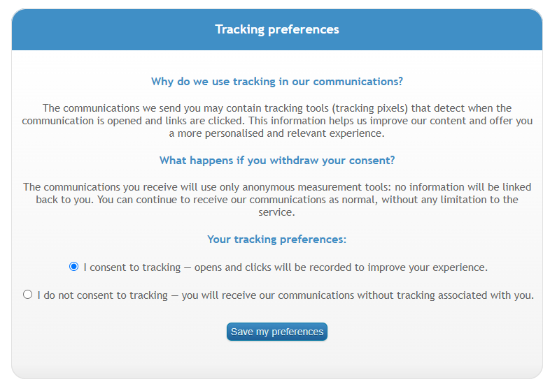 Tracking preference management page