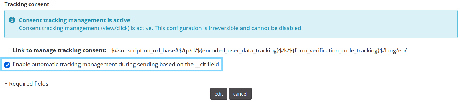 Disabling tracking consent management at send time