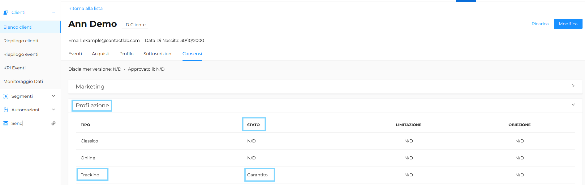 Consenso Tracking nel profilo cliente