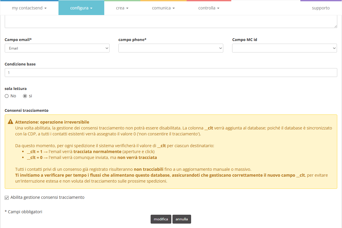 Abilitazione del consenso al tracciamento per un database collegato a CDP