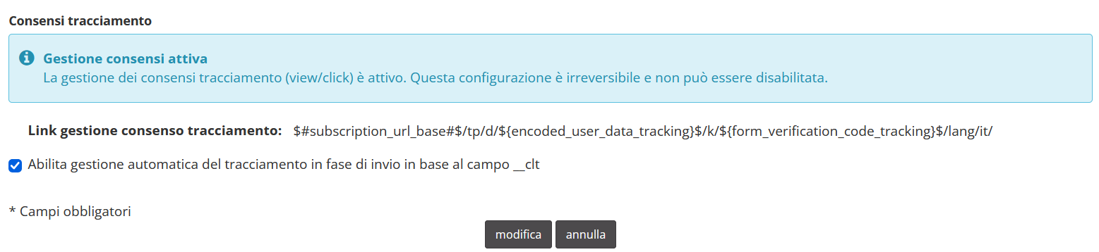 Link per la gestione delle preferenze di tracciamento