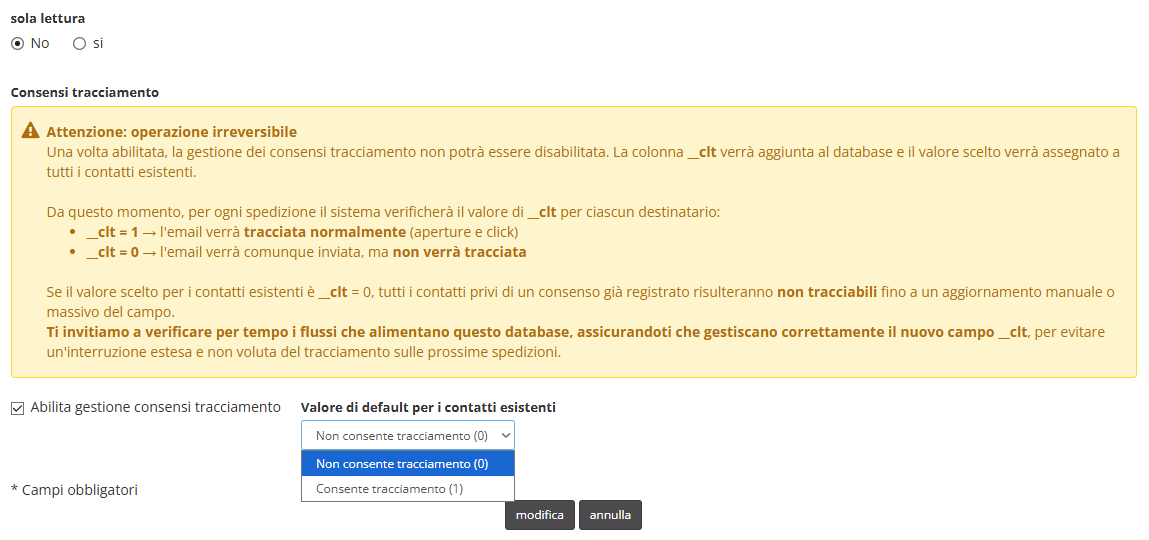 Abilitazione della gestione del consenso al tracciamento