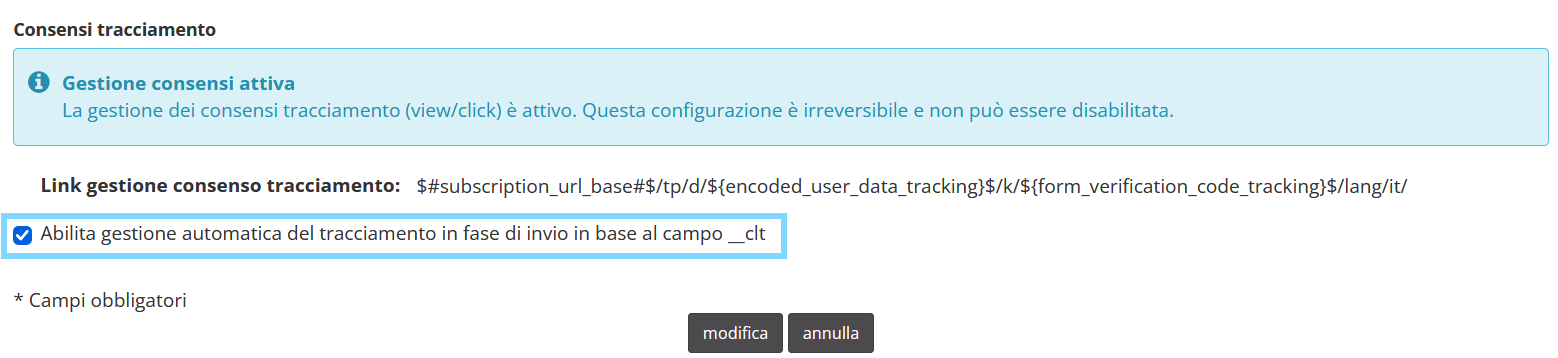 Disattivazione della gestione del tracciamento in fase di invio