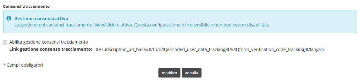 Link per la gestione delle preferenze di tracciamento