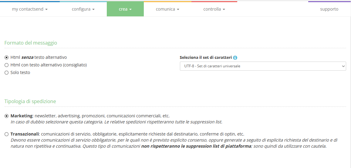 Parametri della spedizione email