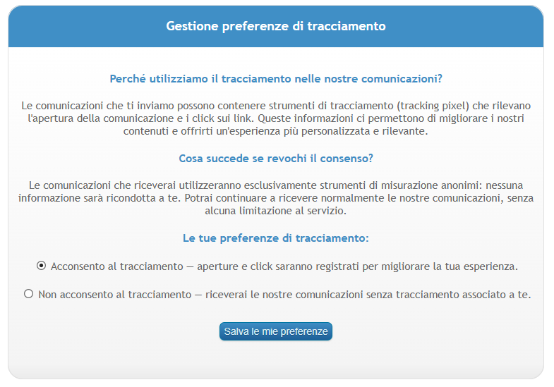 Pagina di gestione delle preferenze di tracciamento