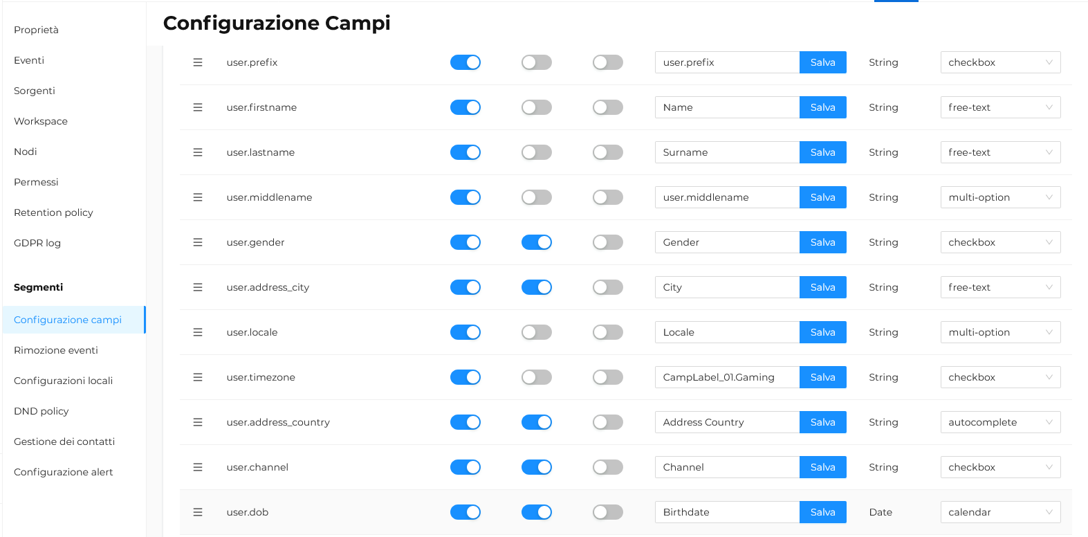 Impostazioni campi