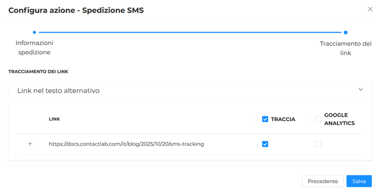 Crea spedizione SMS: tracciamento link