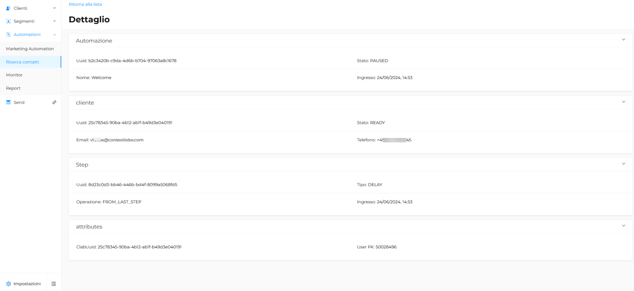 Ricerca contatti - Dettaglio automaazione